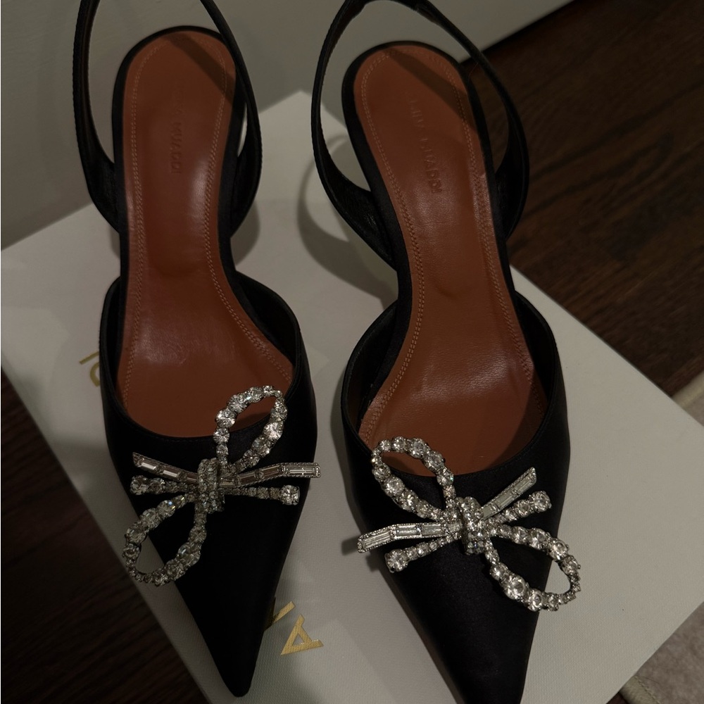 Amina Muaddi Black Satin Heels with Crystal Embellishment